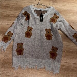 Fashion Nova Gray Sweater with Teddy Bear Motif